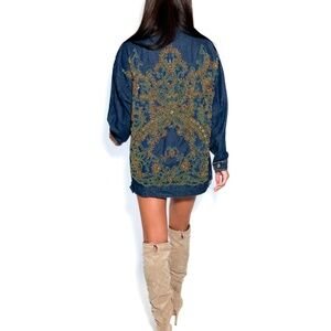 One of a Kind Embroidered Denim Jacket - Blue, Green & Gold - Alexa